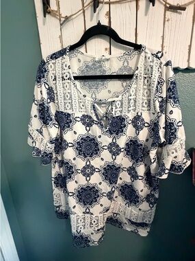 Siren Lily White Tunic with Navy Medallion Print & Lace Trim